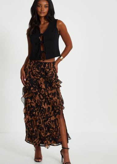 Quiz Brown Leopard Print Asymmetric Frill Maxi Skirt