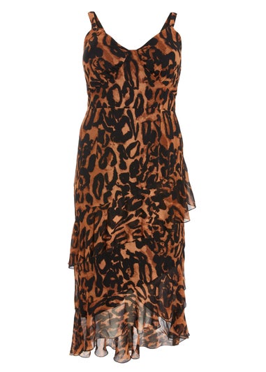 Quiz Brown Curve Chiffon Ruffle Midaxi Dress
