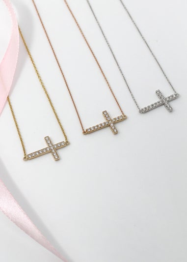 Say It With Silver Dainty Side Cross Necklace With CZ Stones