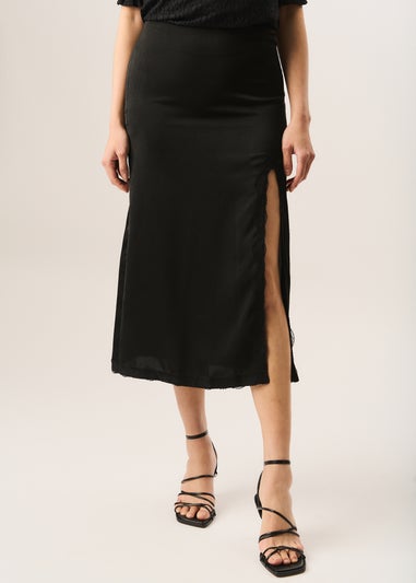 Gini London Black Satin Side Split Lace Trim Midi Skirt