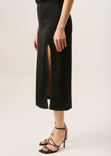 Gini London Black Satin Side Split Lace Trim Midi Skirt