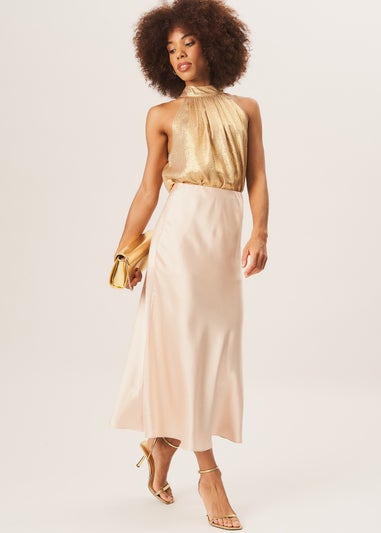 Gini London Beige Satin Bias Cut Midi Skirt