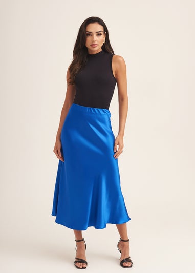 Gini London Cobalt Blue Satin Bias Cut Midi Skirt