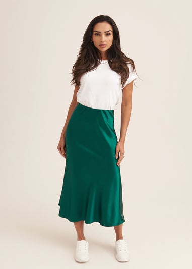 Gini London Green Satin Bias Cut Midi Skirt