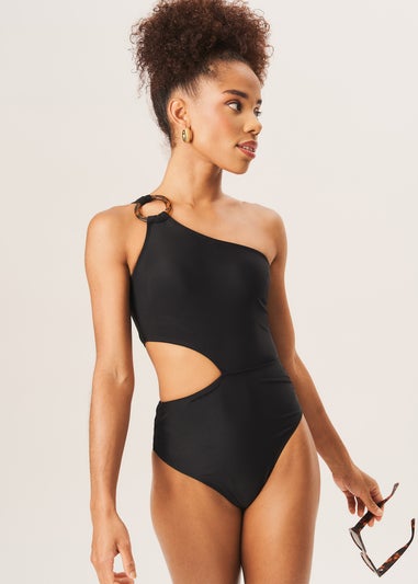 Gini London Black One Shoulder Ring Detail Cutout Swimsuit