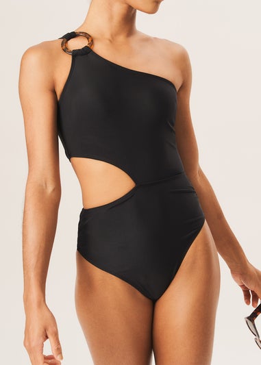 Gini London Black One Shoulder Ring Detail Cutout Swimsuit