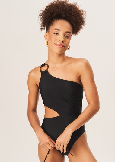 Gini London Black One Shoulder Ring Detail Cutout Swimsuit