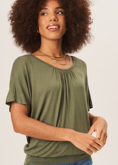 Gini London Khaki Round Neck Oversized Short Sleeves Top