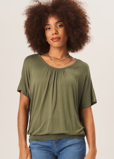 Gini London Khaki Round Neck Oversized Short Sleeves Top