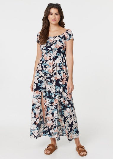 Izabel London Navy Floral Bardot Shirred Maxi Dress