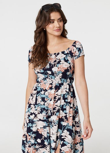 Izabel London Navy Floral Bardot Shirred Maxi Dress