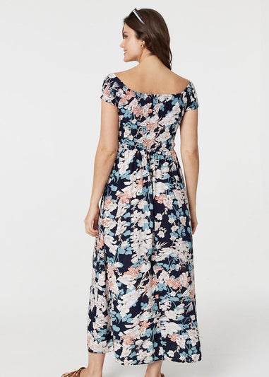 Izabel London Navy Floral Bardot Shirred Maxi Dress