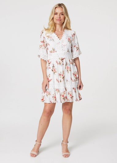 Izabel London White Floral Lace Detail Skater Dress