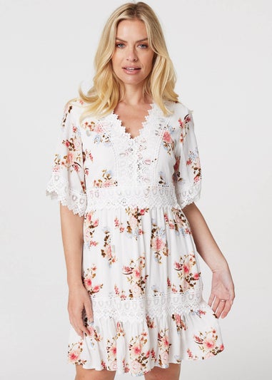 Izabel London White Floral Lace Detail Skater Dress