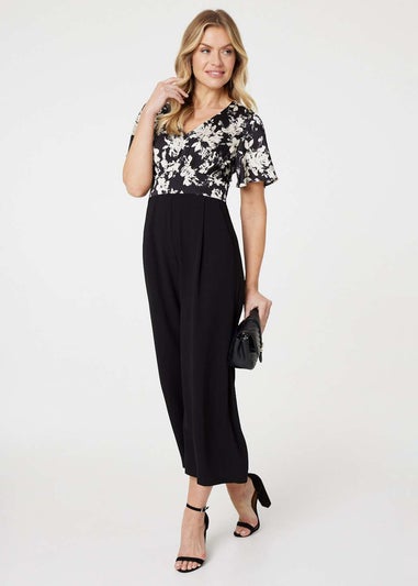 Izabel London Black Floral Block Print Wide Leg Jumpsuit