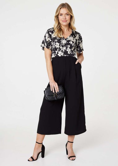 Izabel London Black Floral Block Print Wide Leg Jumpsuit