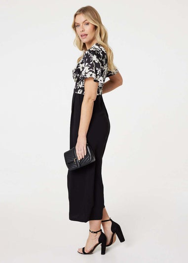 Izabel London Black Floral Block Print Wide Leg Jumpsuit