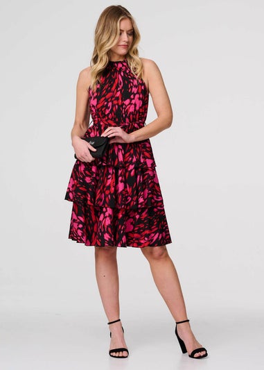 Izabel London Red Printed Halter Neck Tiered Dress