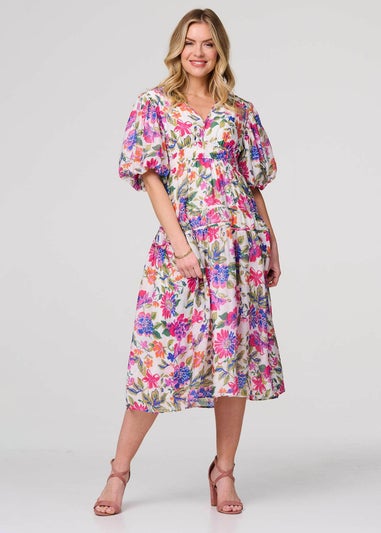 Izabel London Pink Floral 1/2 Puff Sleeve Midi Dress