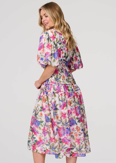 Izabel London Pink Floral 1/2 Puff Sleeve Midi Dress