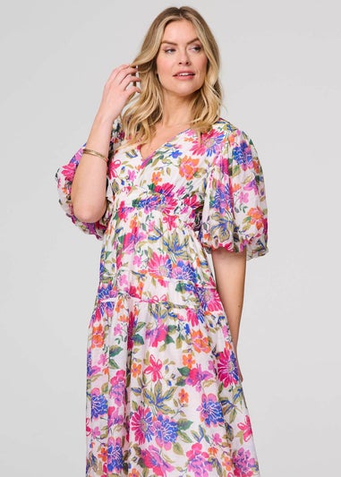 Izabel London Pink Floral 1/2 Puff Sleeve Midi Dress