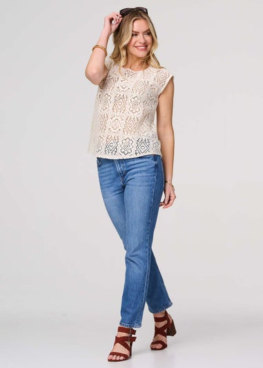 Izabel London Ivory Lace Crochet Detail Cap Sleeve Top