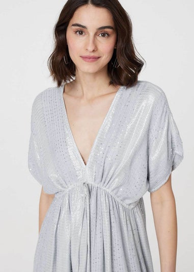 Izabel London Light Grey Dotty Empire Waist Kimono Maxi Dress