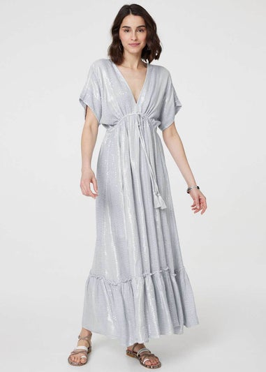 Izabel London Light Grey Dotty Empire Waist Kimono Maxi Dress