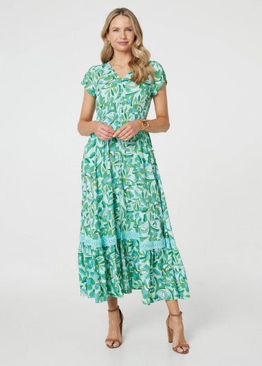 Izabel London Green Leaf Print Lace Trim Maxi Dress