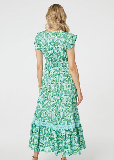 Izabel London Green Leaf Print Lace Trim Maxi Dress