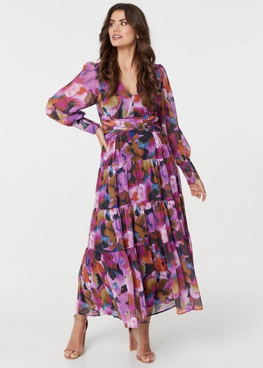 Izabel London Pink Floral Long Sleeve Ruched Maxi Dress