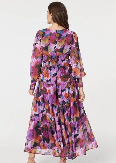 Izabel London Pink Floral Long Sleeve Ruched Maxi Dress