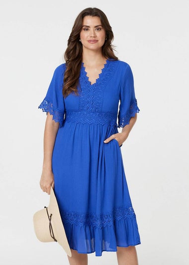 Izabel London Blue Lace Trim 3/4 Sleeve Midi Dress