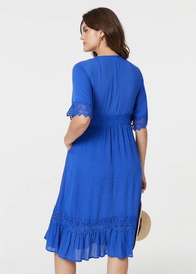 Izabel London Blue Lace Trim 3/4 Sleeve Midi Dress