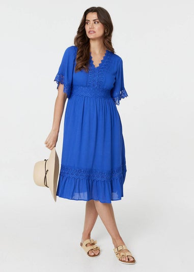 Izabel London Blue Lace Trim 3/4 Sleeve Midi Dress