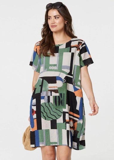 Izabel London Green Printed Pocket Short Sleeve Shift Dress