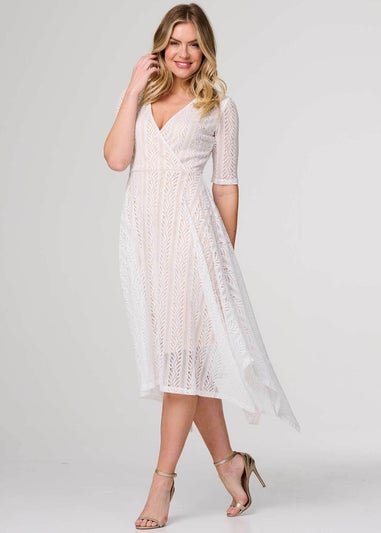 Izabel London White Lace Detail Hanky Hem Midi Wrap Dress