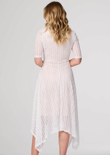 Izabel London White Lace Detail Hanky Hem Midi Wrap Dress