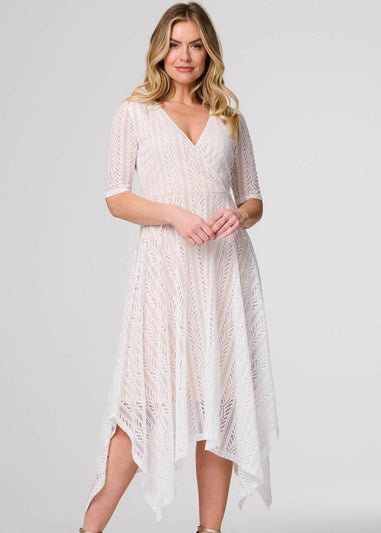 Izabel London White Lace Detail Hanky Hem Midi Wrap Dress