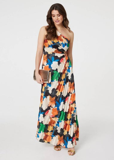 Izabel London Orange Floral One-Shoulder Pleated Maxi Dress