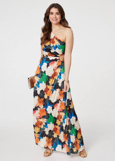 Izabel London Orange Floral One-Shoulder Pleated Maxi Dress