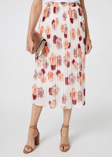 Izabel London White Rose Print Pleated High Waist Midi Skirt