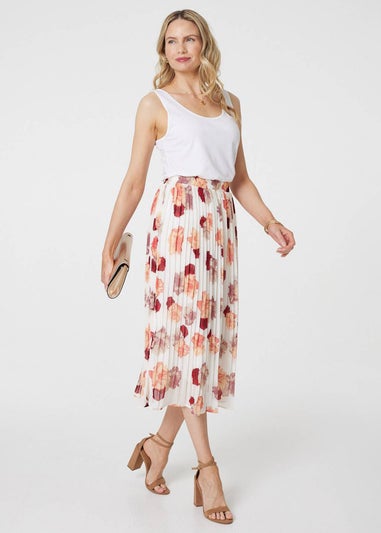 Izabel London White Rose Print Pleated High Waist Midi Skirt