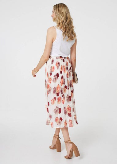 Izabel London White Rose Print Pleated High Waist Midi Skirt