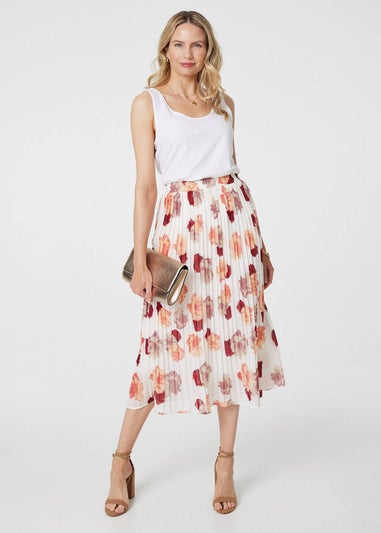 Izabel London White Rose Print Pleated High Waist Midi Skirt