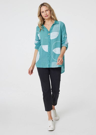 Izabel London Teal Printed Long Sleeve Button Detail Blouse