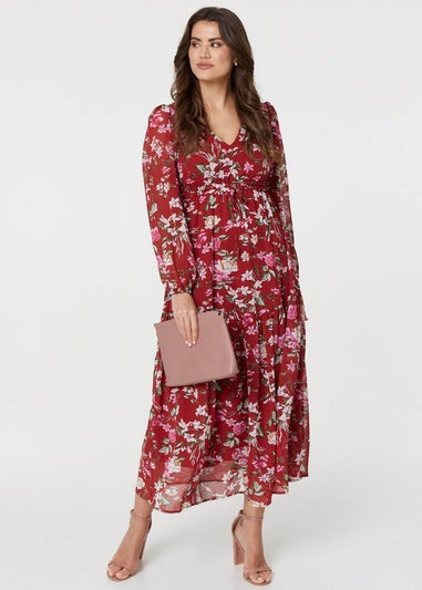 Izabel London Red Floral Long Sleeve Tiered Maxi Dress