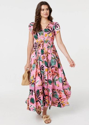 Izabel London Pink Tropical Print Angel Sleeve Maxi Dress