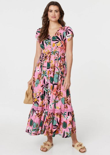 Izabel London Pink Tropical Print Angel Sleeve Maxi Dress