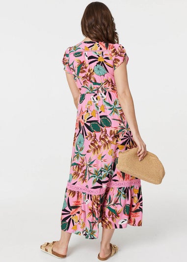 Izabel London Pink Tropical Print Angel Sleeve Maxi Dress